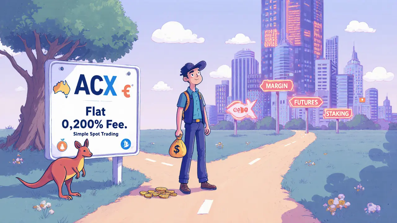 A cartoon trader stands at a fork, choosing the simple ACX platform over larger exchanges.
