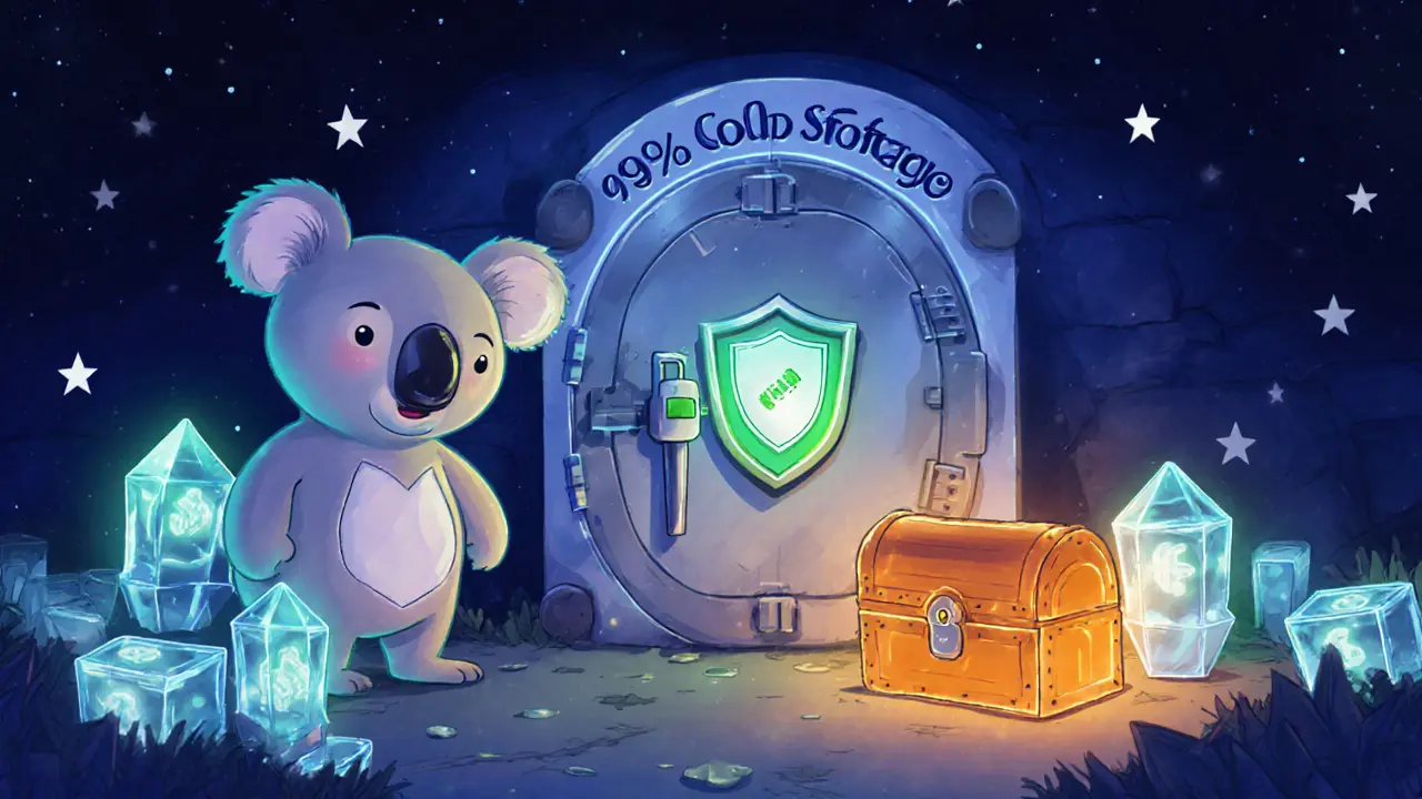 A cartoon vault and shield illustrate ACX's cold‑storage security and mandatory 2FA.