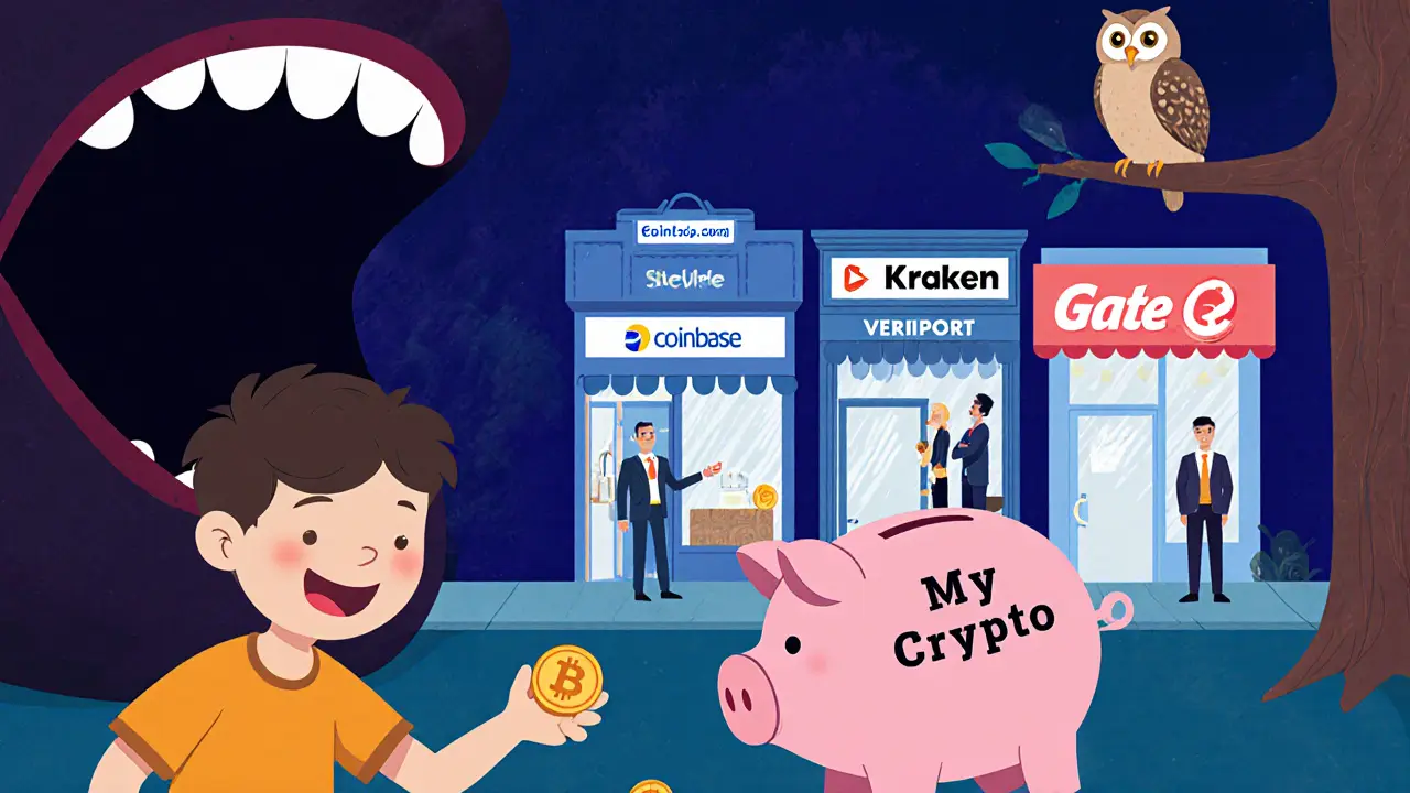 A child dropping crypto into a monster-mouthed site, while safe exchanges shine in the background with smiling staff.