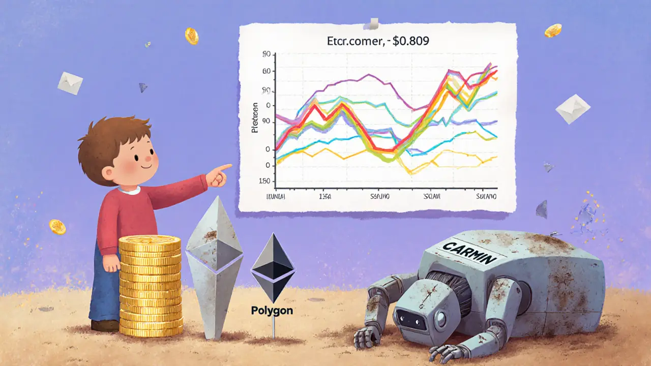 A child points at a crashing price chart as real crypto coins glow nearby and a broken toy robot lies in the dirt.