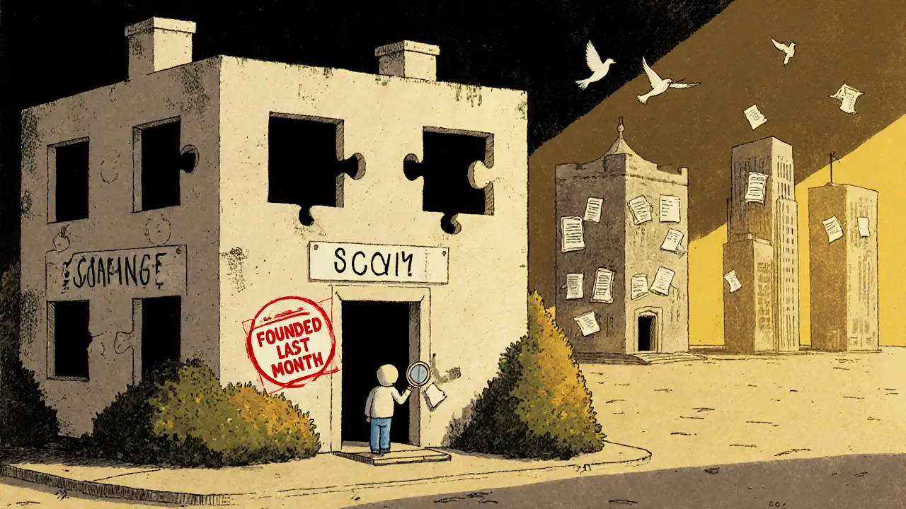 A crumbling fake exchange building with a 'SCAM' stamp stands empty, while legitimate exchanges shine brightly in the background.