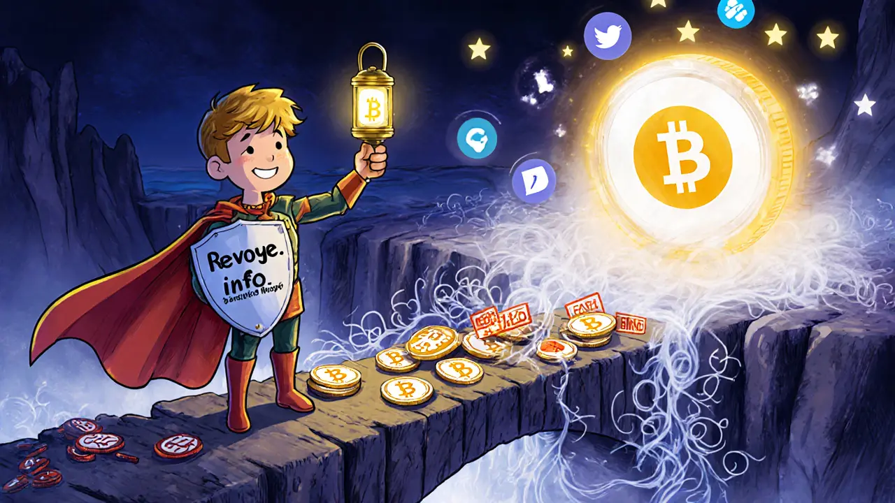 A hero with a revoke shield stands on a blockchain bridge over phishing chasm, real SWAPP logo glowing ahead.