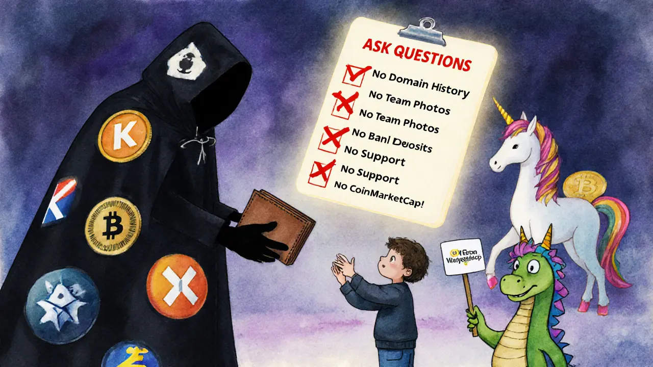 A wallet is handed to a shadowy figure as a checklist of red flags glows behind, while trusted crypto guardians watch over a child.