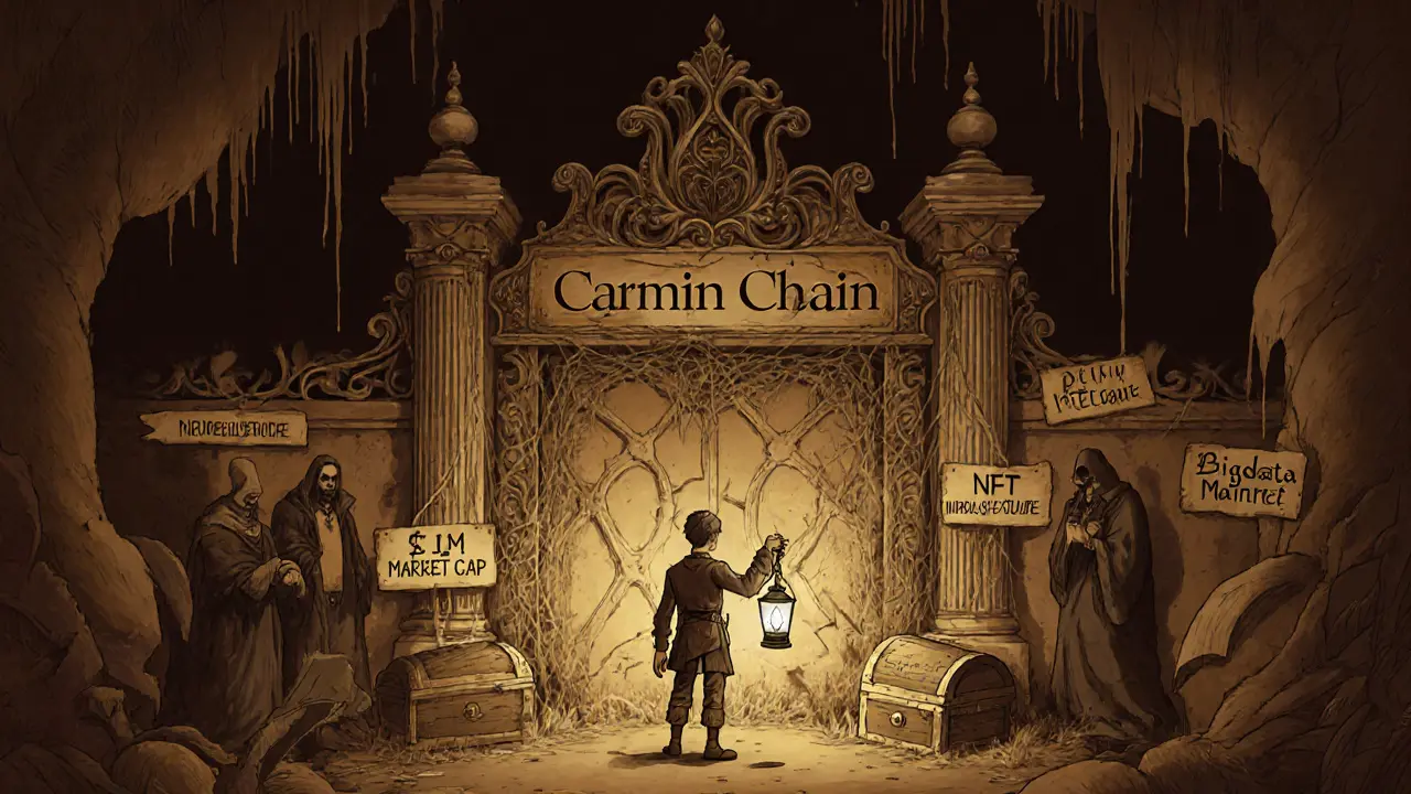 An adventurer faces a crumbling gate labeled 'Carmin Chain' while others sell empty treasure chests.