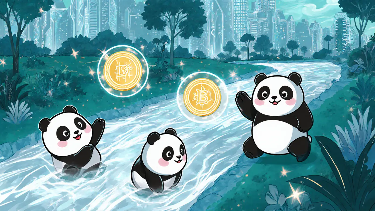 Animated pandas and glowing tokens beside a fast‑flowing Solana network river.