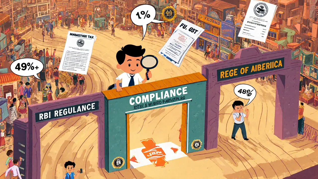 Cartoon accountant navigating a maze of regulatory gates with tax icons and compliance papers.