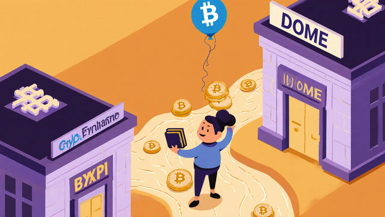 Cartoon character with wallet watching DOME coins flow between two exchange buildings.