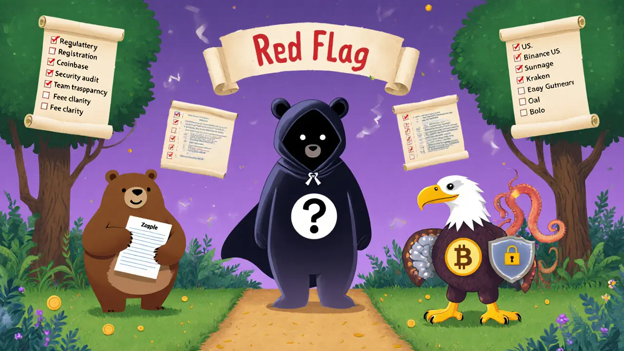 Cartoon comparison showing Zapple as a shadowy figure amid red‑flag icons and known exchanges.
