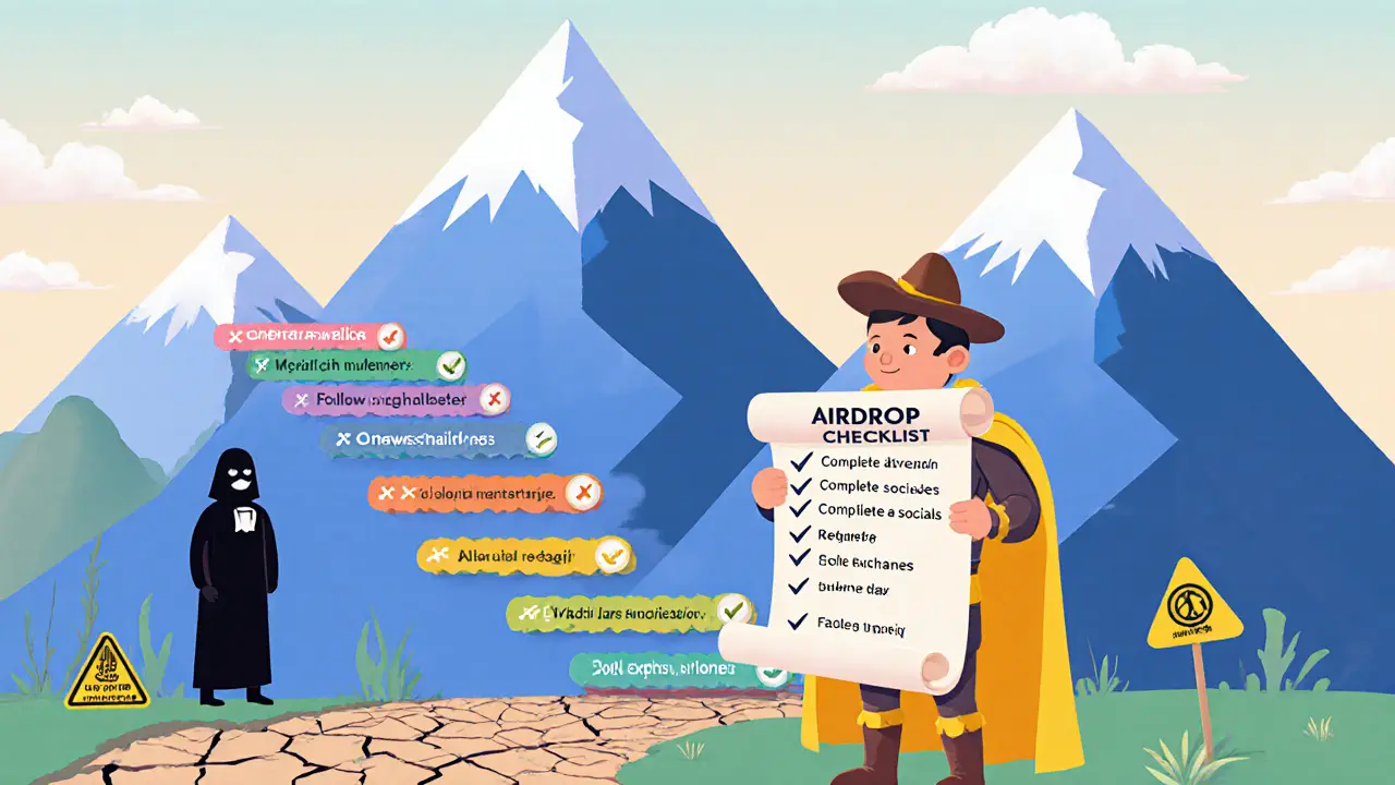 Cartoon explorer with a checklist; shadows warn of fake airdrops and liquidity risks.