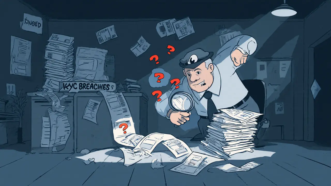 Cartoon inspector examines blurred ID cards and a messy KYC breach trail in an office.