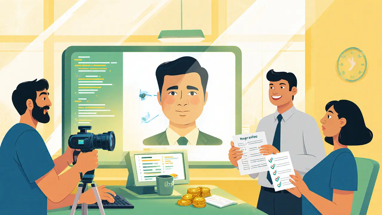Cartoon Upbit team uses AI facial‑recognition tools while a compliance officer shows a checklist to a regulator.