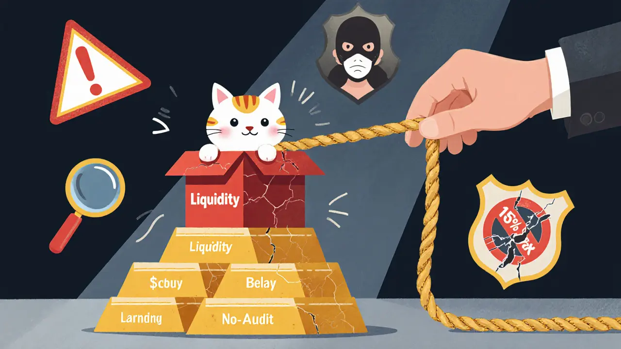 Cat stuck in a cracked box on wobbling gold bars, surrounded by warning symbols.