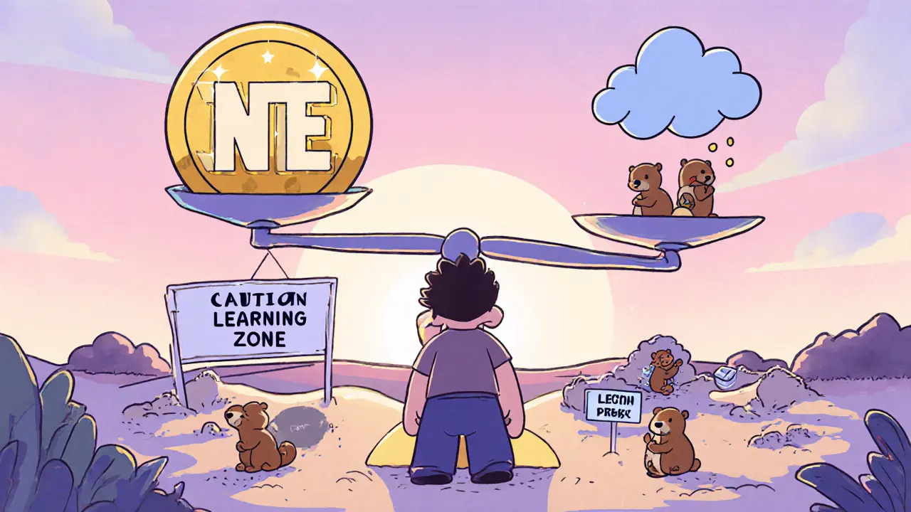 Character weighs a shiny NTE token against a risk sign on a scale, with a sandbox of nodes behind.