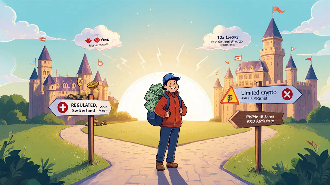 Cheerful trader at a crossroads with signposts highlighting Coinut's regulation, leverage, and limited crypto selection.