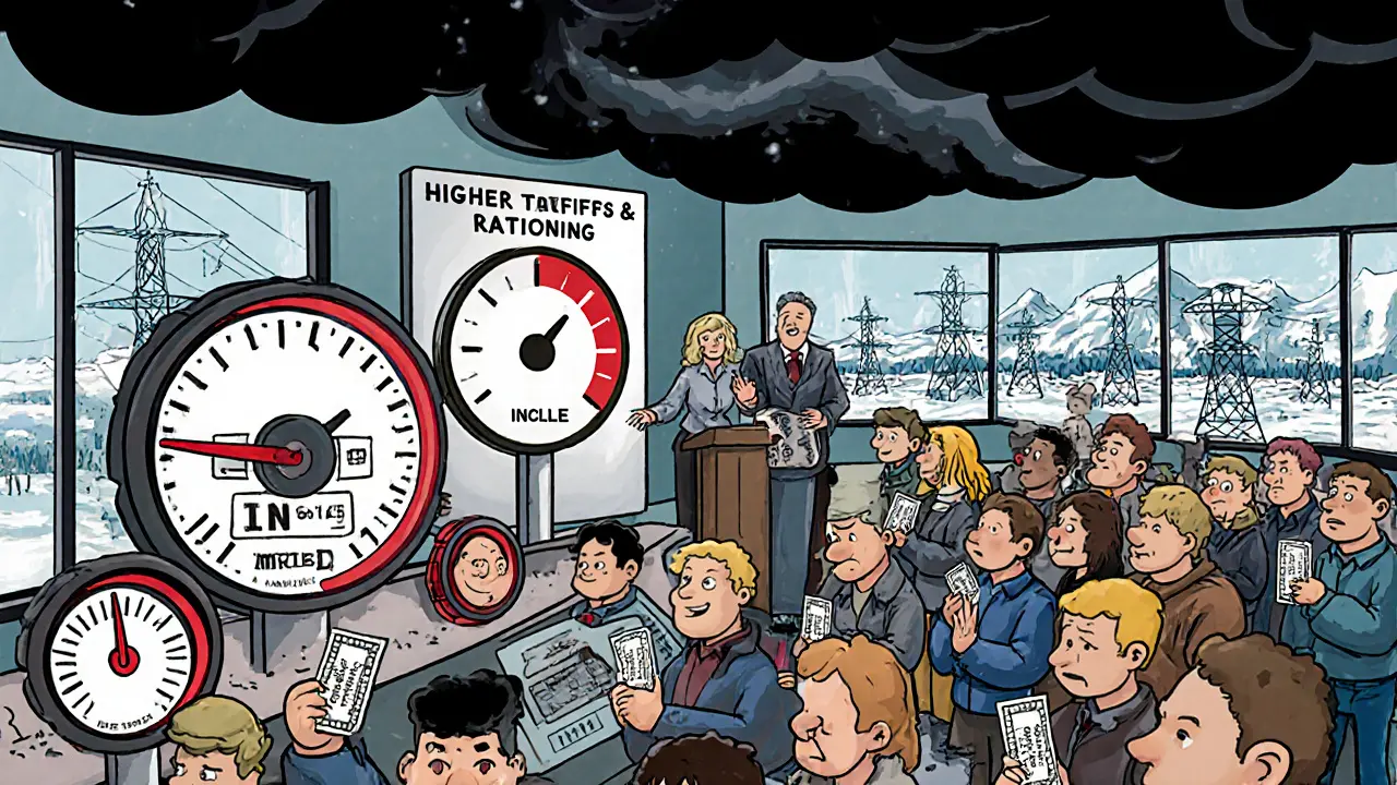 Control room with maxed‑out power gauges, frustrated miners, and a leader announcing higher tariffs.