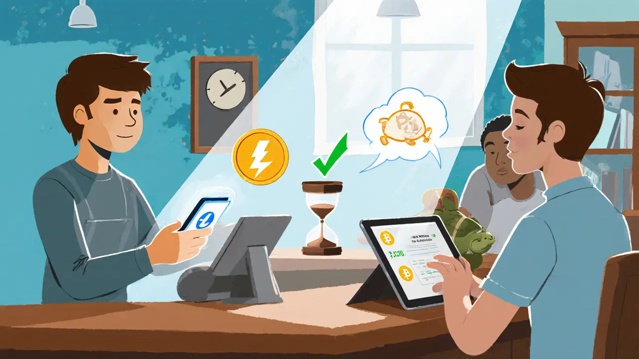 Customer pays for coffee with Litecoin, showing instant check; Bitcoin payment waits slowly.