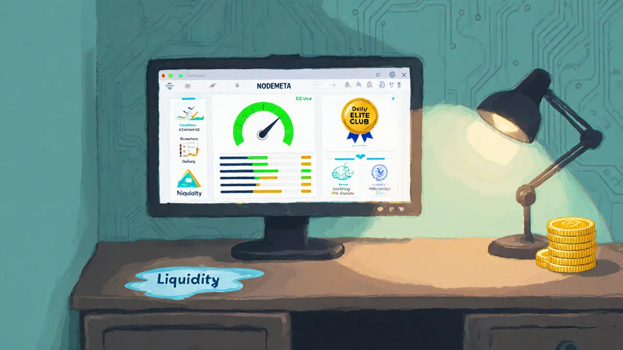 Dashboard shows NODEMETA node rewards, Elite Club badge, and a tiny liquidity puddle beside a PC.