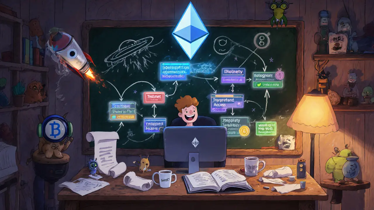 Developer codes Solidity smart contract in a cozy workshop with Ethereum symbols and code diagrams.