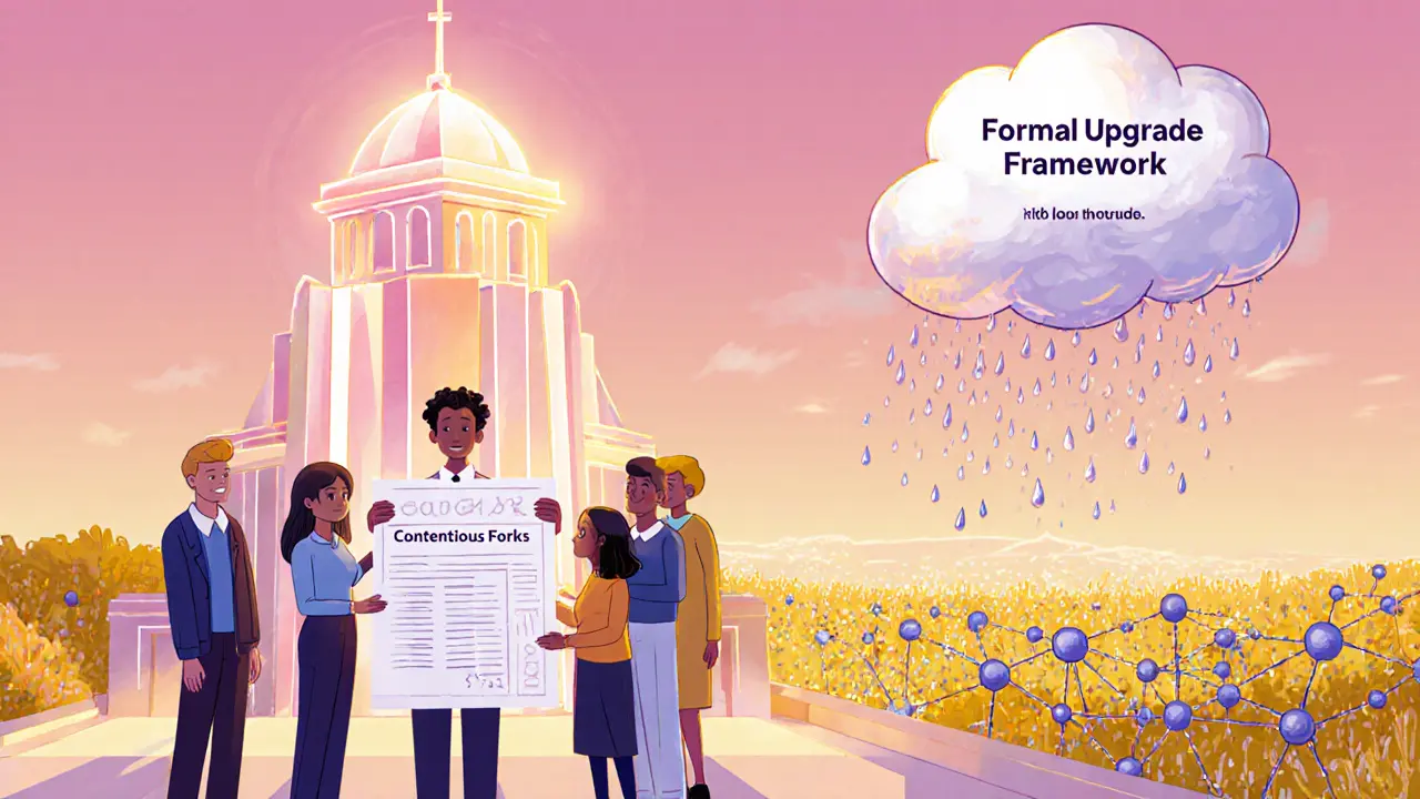 Future governance tower with collaborative characters and fading storm clouds of contentious forks.