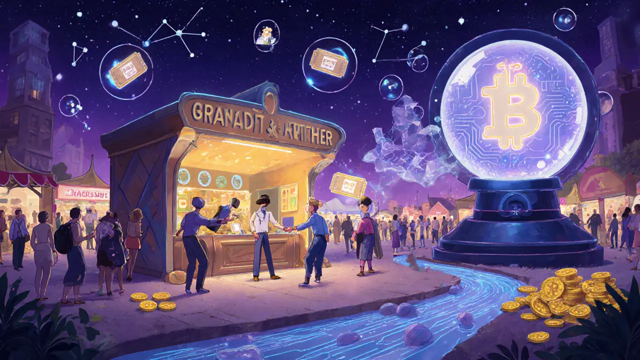 Futuristic marketplace with creators handing out tokenized tickets, AI oracle, and crypto flow.