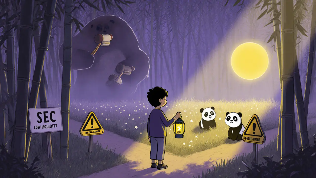 Investor at a forked forest path with panda NFTs, SEC gavels, and warning signs.