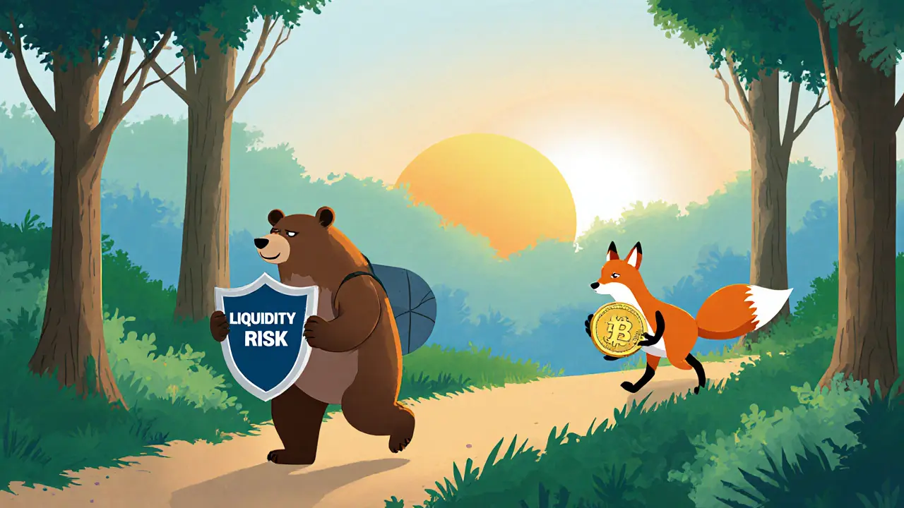 Investor figure facing risk symbols like a bear and cracked token in a whimsical forest.
