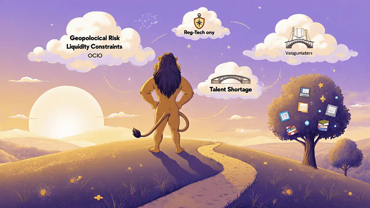 Lion manager on a hill overlooking clouds of risk, with a path leading to OCIO, RegTech, liquidity, and talent icons.