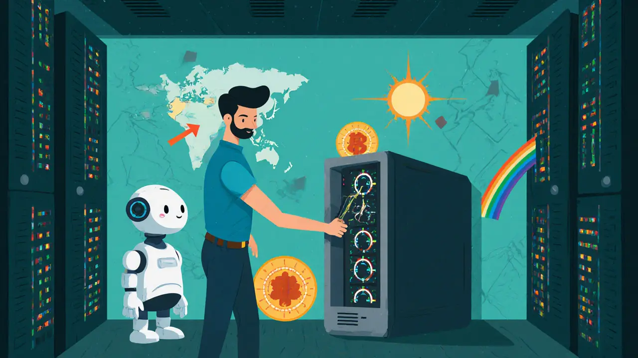 Miner optimizing efficient ASICs, AI server nearby, map showing relocation options, and a digital currency pilot.