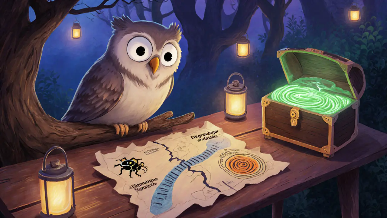 Owl investor examines a map with bug, bridge, and vortex hazards beside a glowing chest.