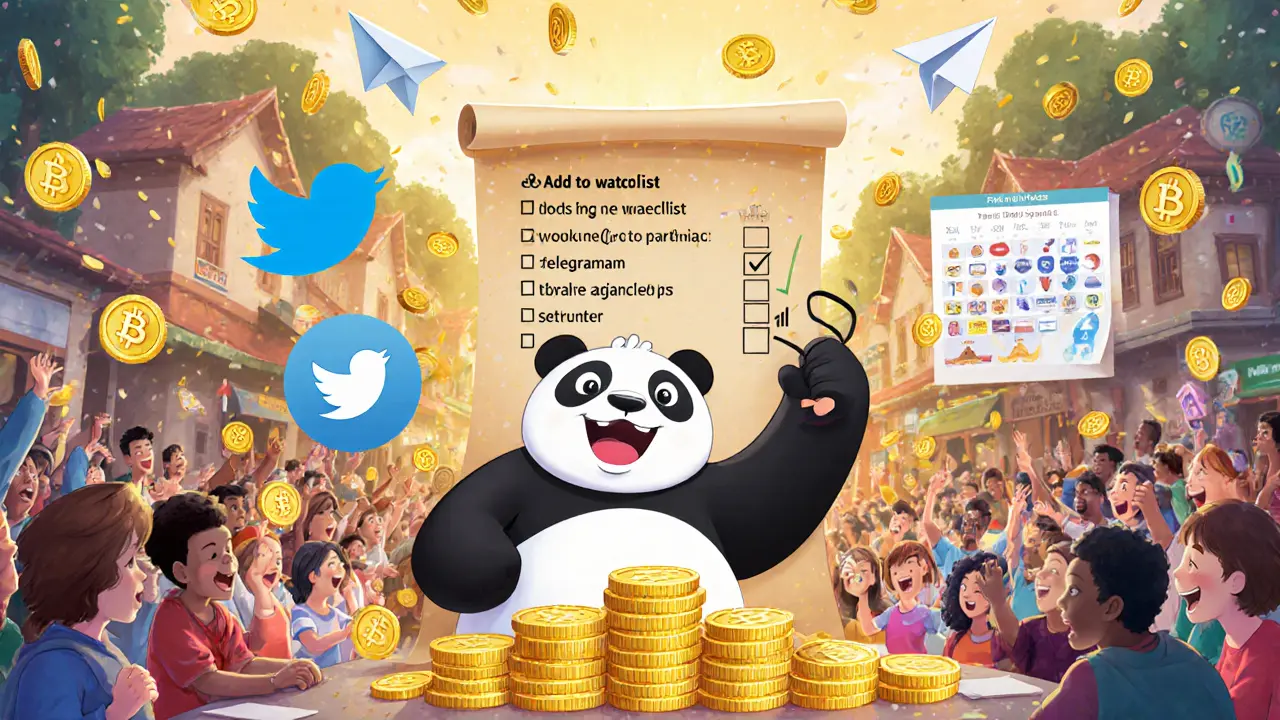 Panda checking social media tasks as golden PND coins rain down.