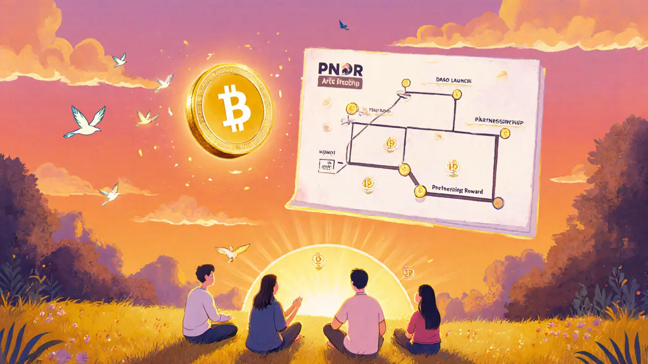 PNDR DAO community gathering in a sunrise meadow discussing future milestones.