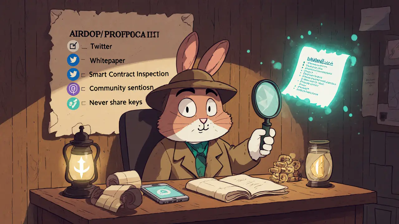 Rabbit detective checking social icons, whitepaper, and smart‑contract code on a checklist.