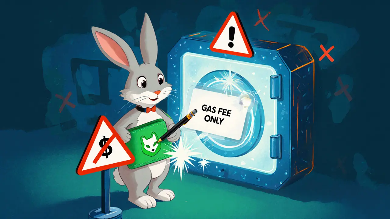 Rabbit safely signing an airdrop transaction with a wallet beside a secure portal.