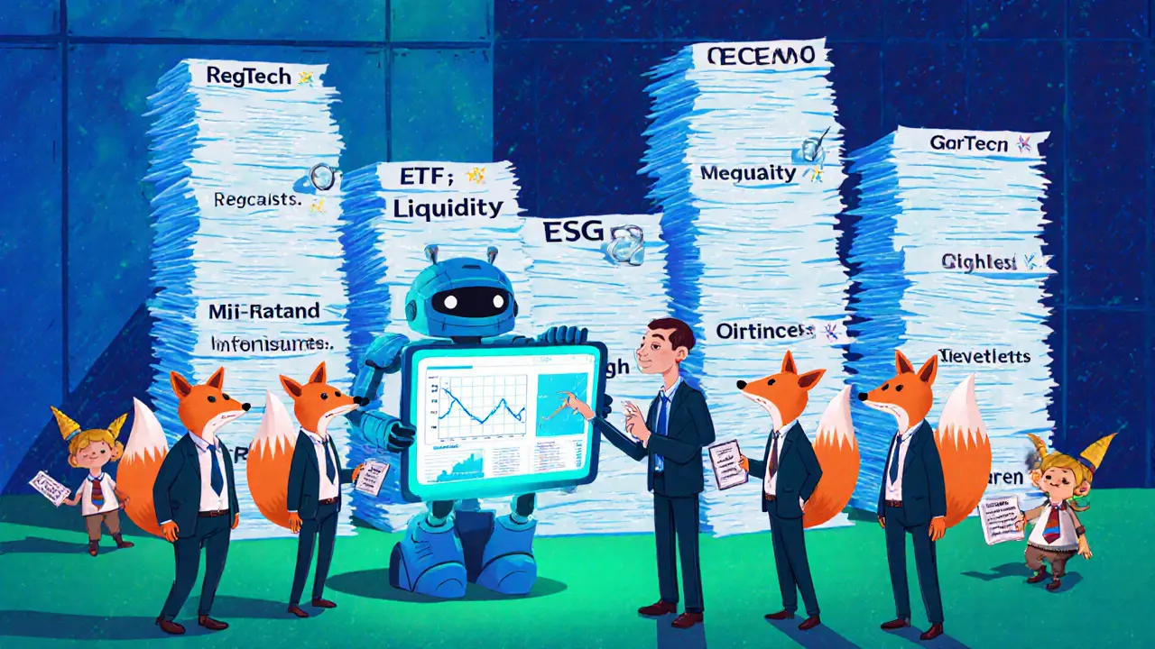 Robot advisor showing custom portfolios to fox investors amid a wall of compliance paperwork.