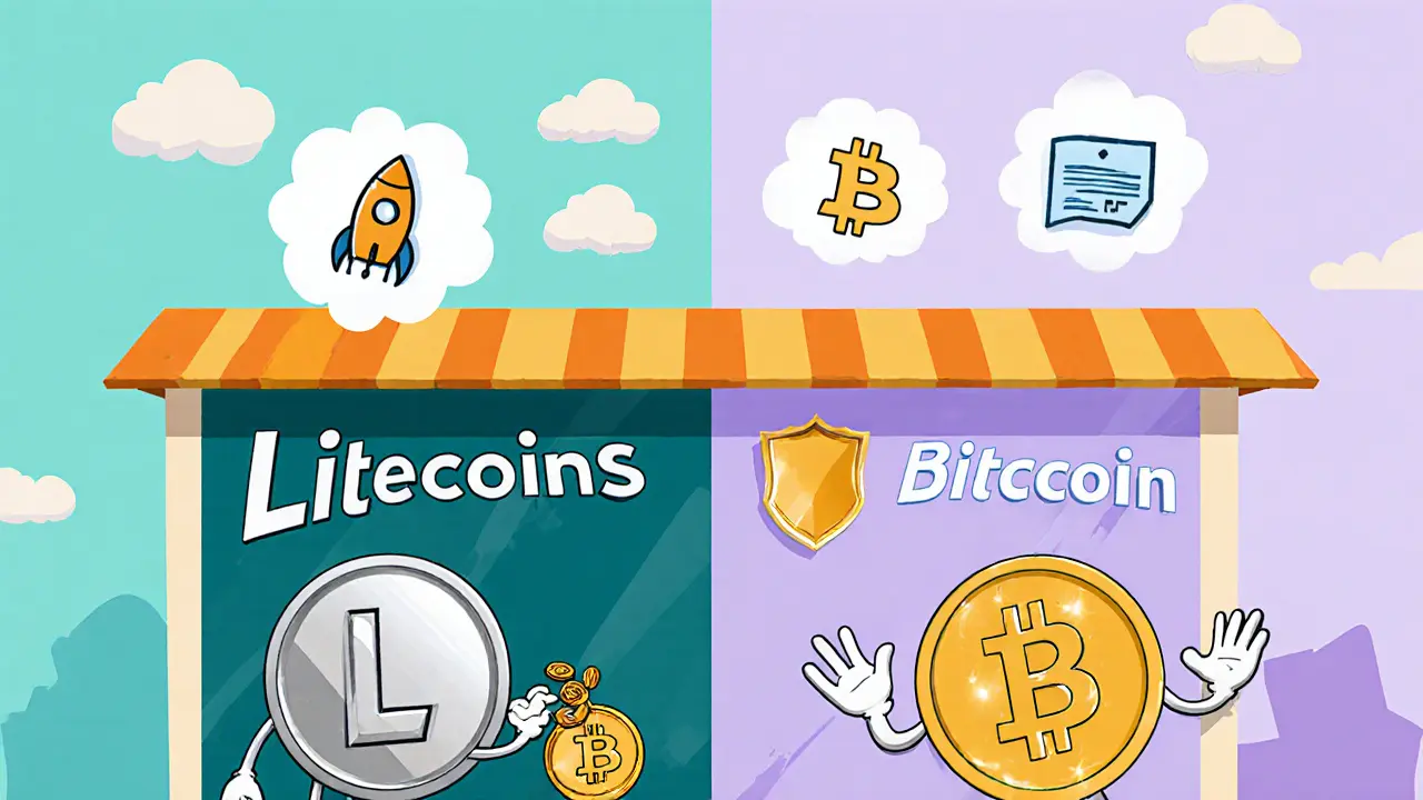 Shopfront displays both Litecoin and Bitcoin acceptance signs with cheerful mascots.