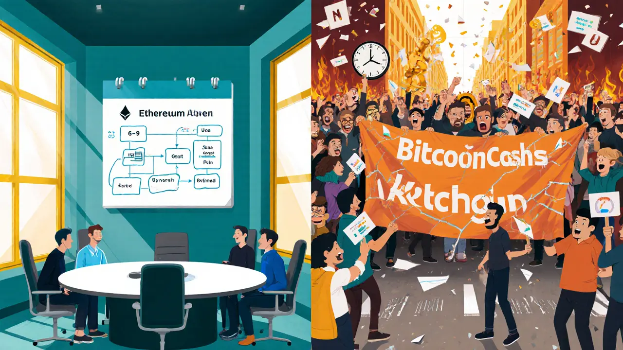 Side‑by‑side scene of orderly conference for a planned fork and noisy protest for a contentious fork.