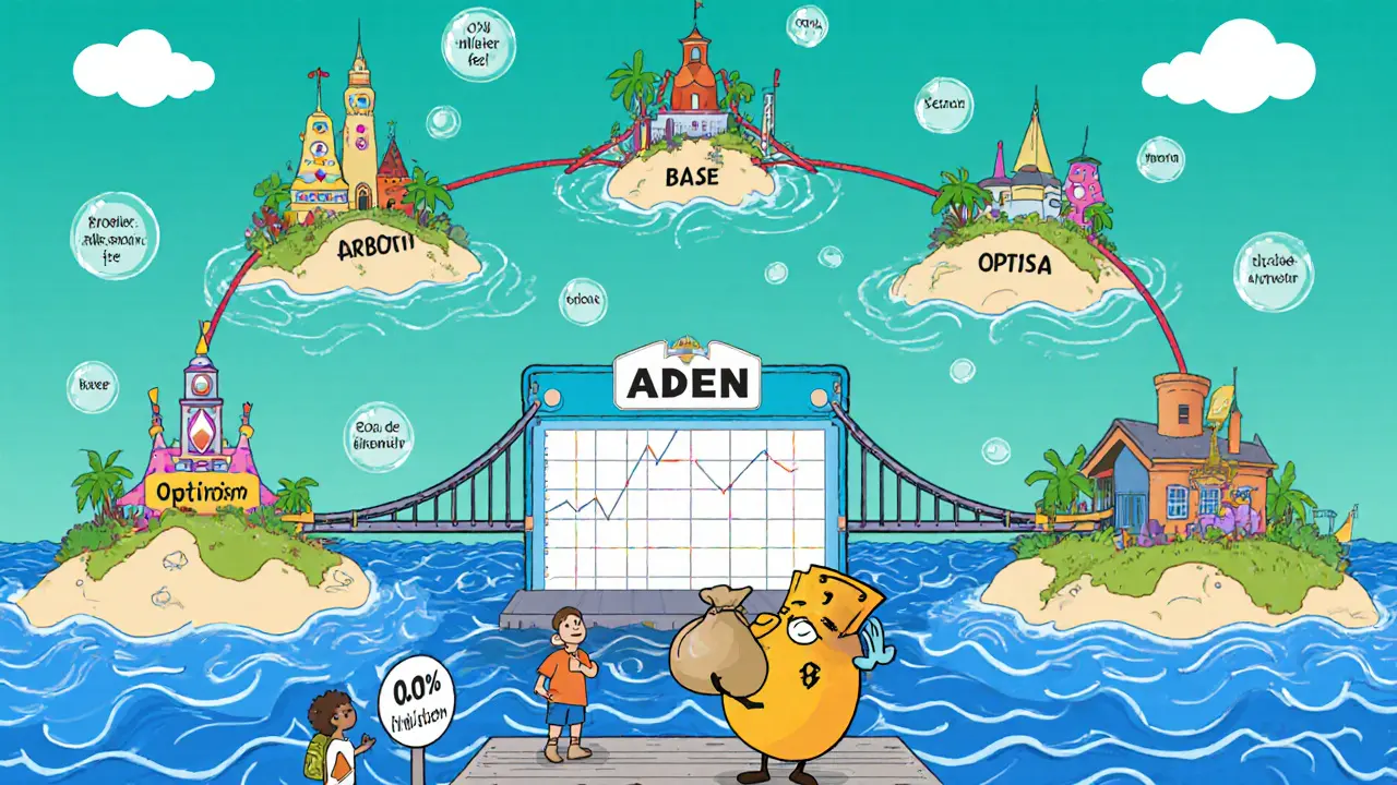 Six blockchain islands linked by bridges to ADEN hub sharing liquidity via Orderly Network.