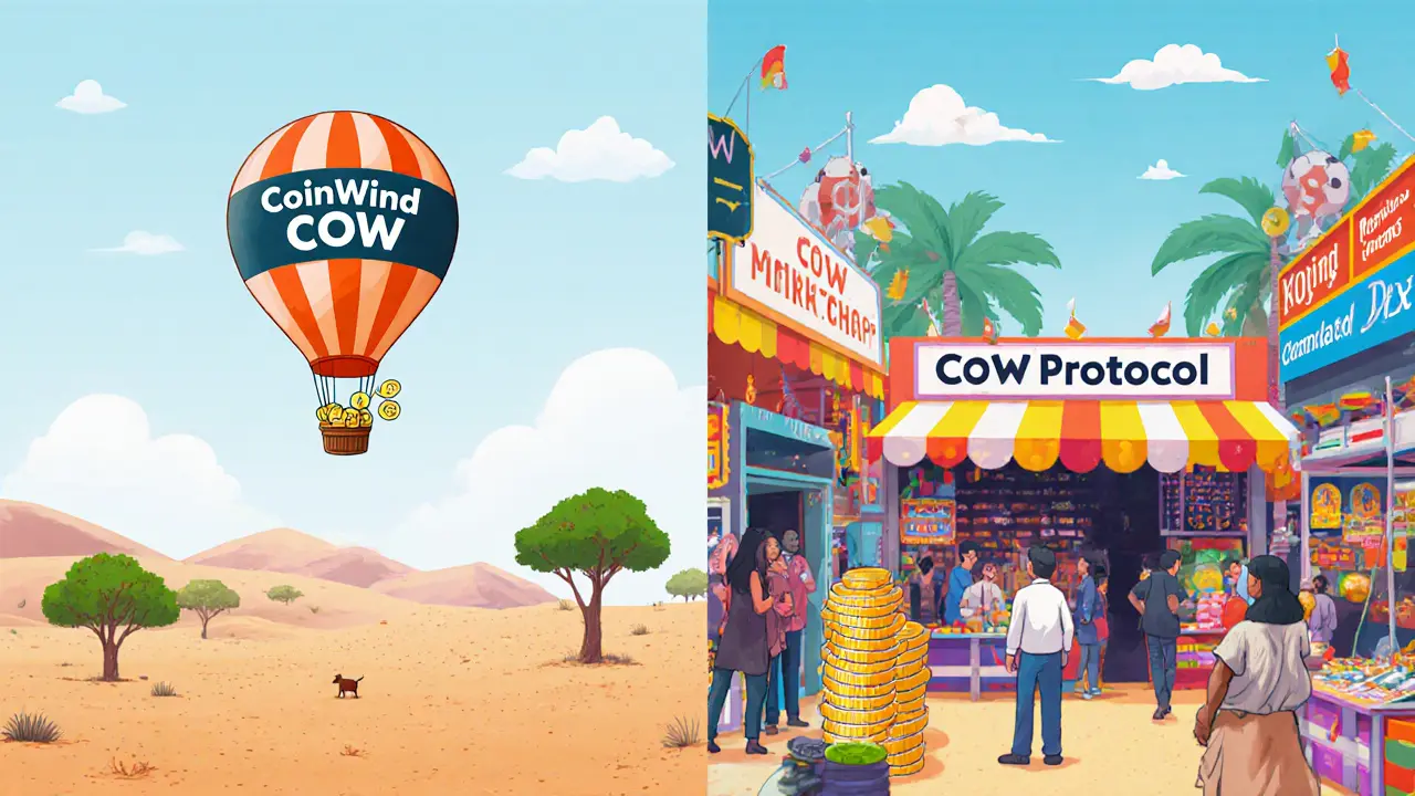 Split-screen showing tiny CoinWind balloon in a desert versus bustling CoW Protocol marketplace.