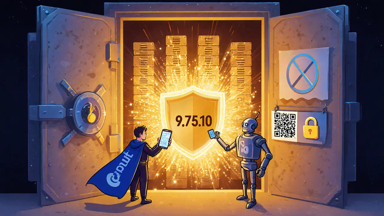 Storybook style vault showing 95% cold‑wallet storage, shield rating, trader with 2FA phone, and robot guard.