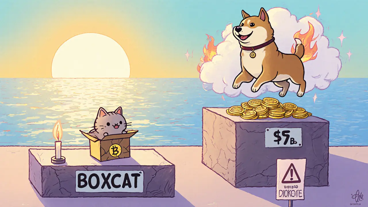 Three meme‑coin characters on platforms showing BOXCAT low, Dogecoin medium, Shiba high.