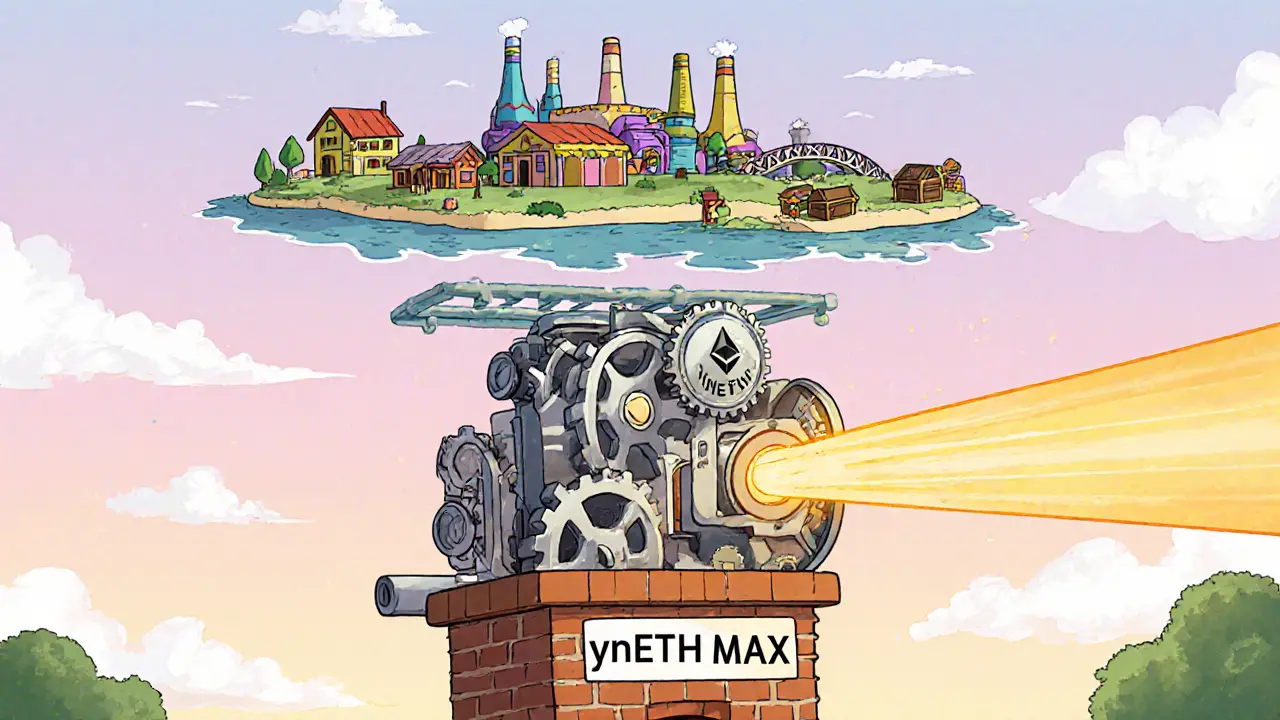 Three whimsical machines stacked: ETH tower, gear‑filled EigenLayer device, and DeFi farm factory.
