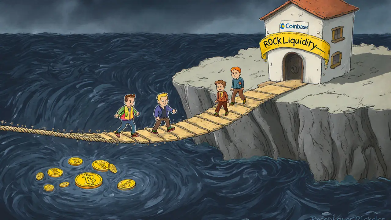 Tiny investors cross an unstable rope bridge labeled ROCK Liquidity over a dark abyss.