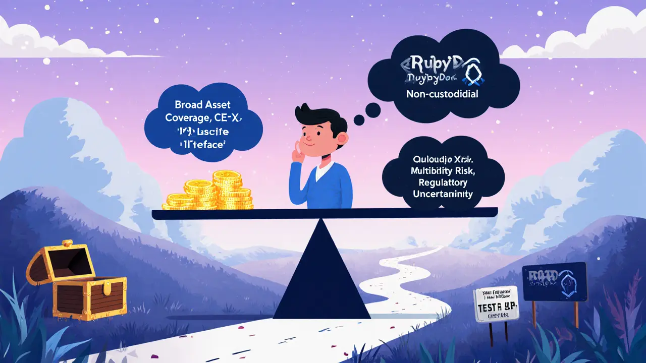 Trader on a balance scale weighing RubyDex pros against cons with an empty treasure chest.
