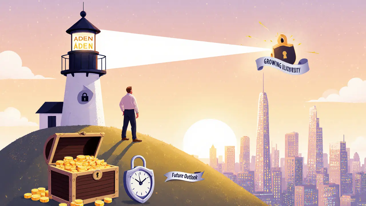 Trader on hill overlooking ADEN lighthouse, treasure chest of liquidity, and security shield at sunrise.