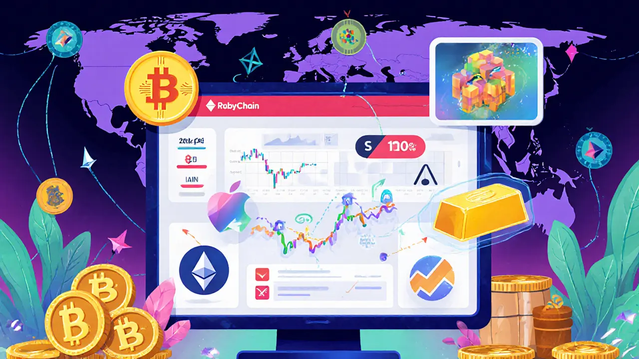 Trading dashboard filled with icons for crypto, stocks, commodities, and NFTs.
