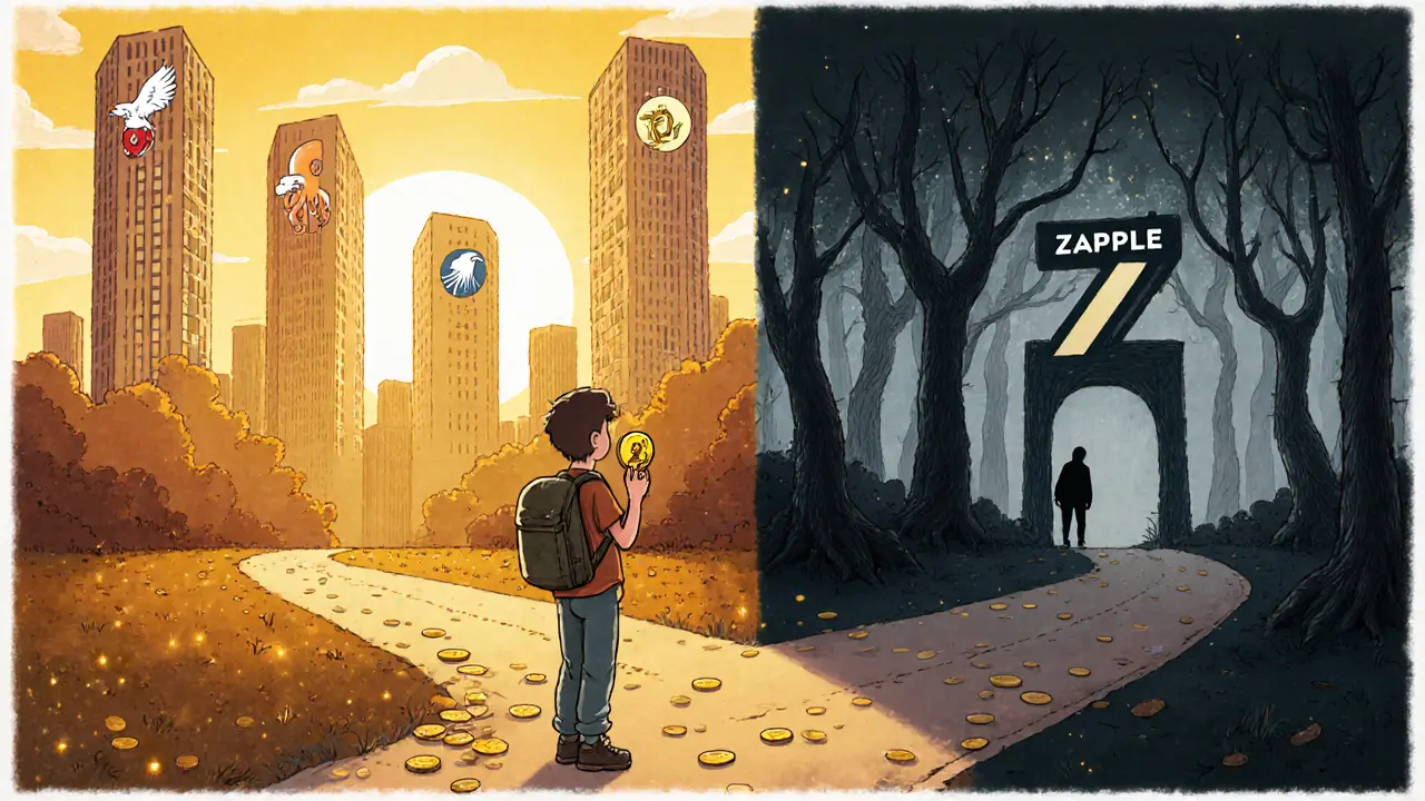 Traveler at a fork: bright city with trusted exchanges versus dark forest labeled Zapple.