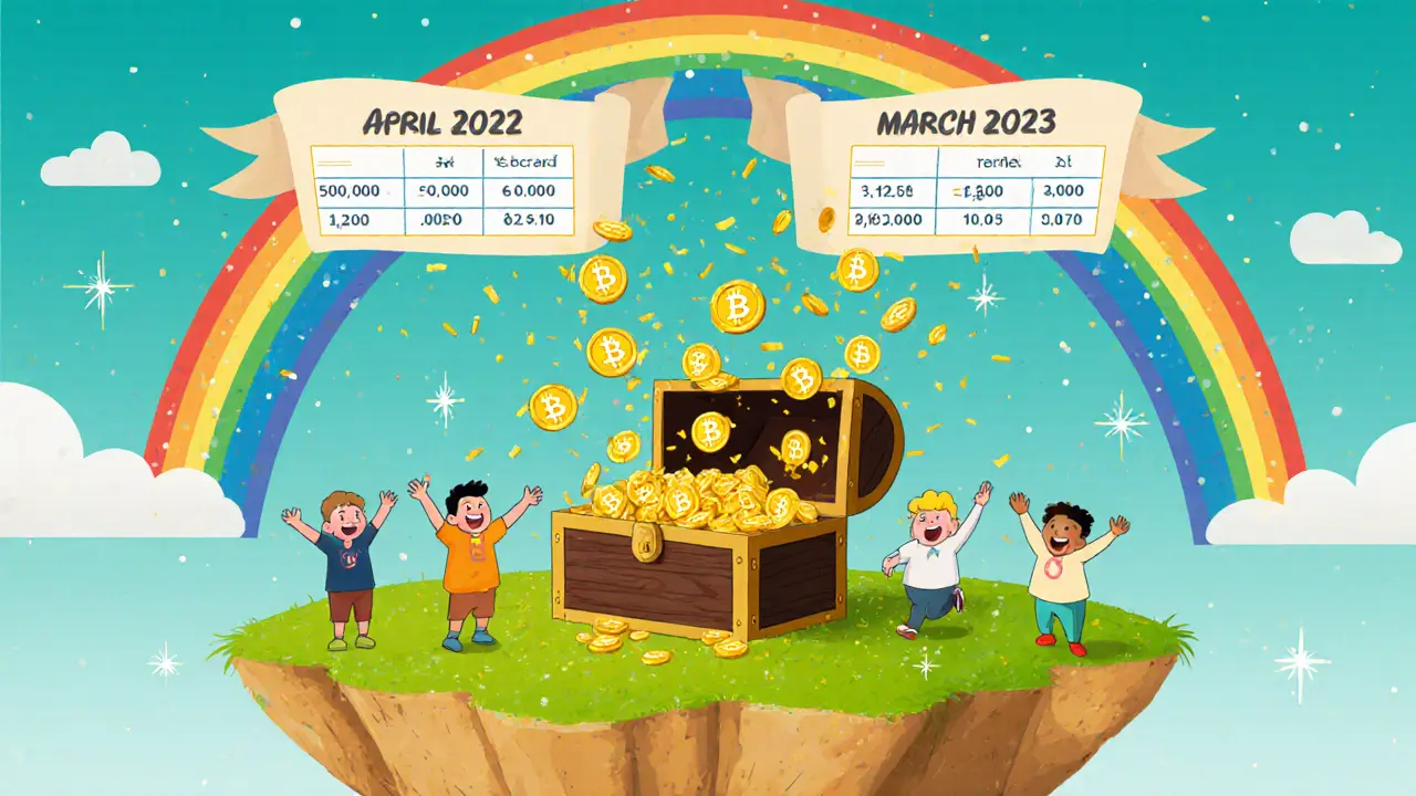 Treasure chest spilling BOT tokens over users, showing 2022 and 2023 airdrop details.