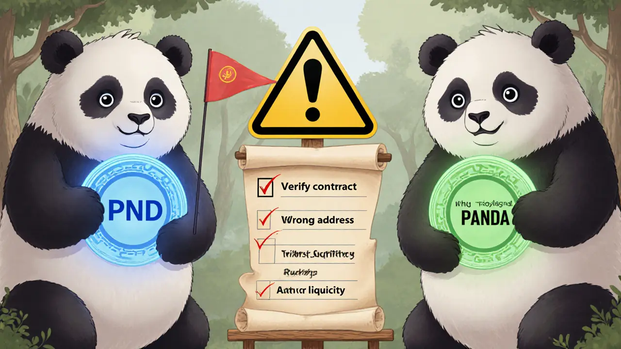 Two pandas with PND and PANDA tokens beside a caution sign and checklist.
