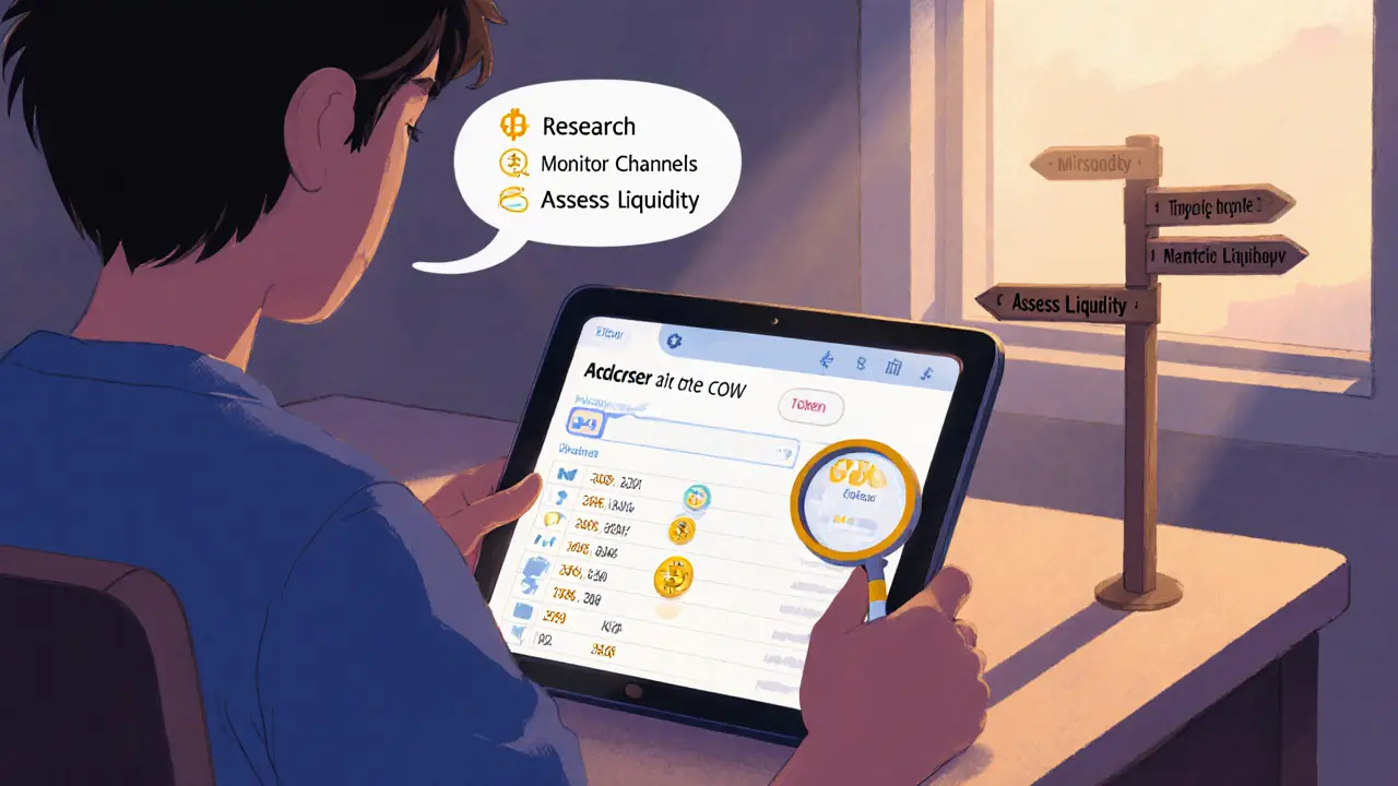 User checking a blockchain explorer on a tablet, seeing COW tokens and a roadmap thought bubble.