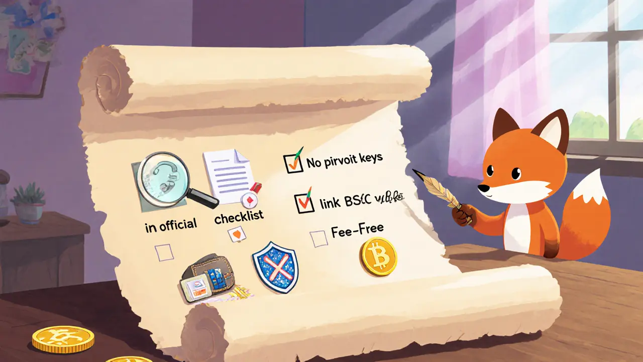 Whimsical checklist scroll with icons for verifying a legitimate airdrop.